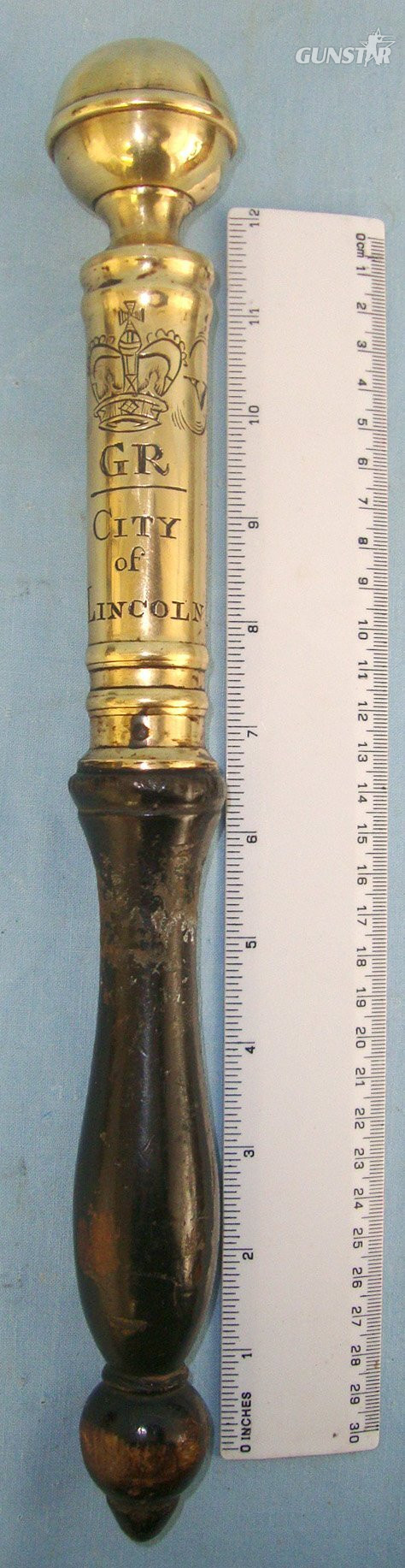 RARE**1820-1830 King George IV Brass Mounted Wood Police Constabulary / Magistrates Baluster Tip Staff Engraved To The City Of Lincoln. Sn 22583:3  Antique & Militaria in 