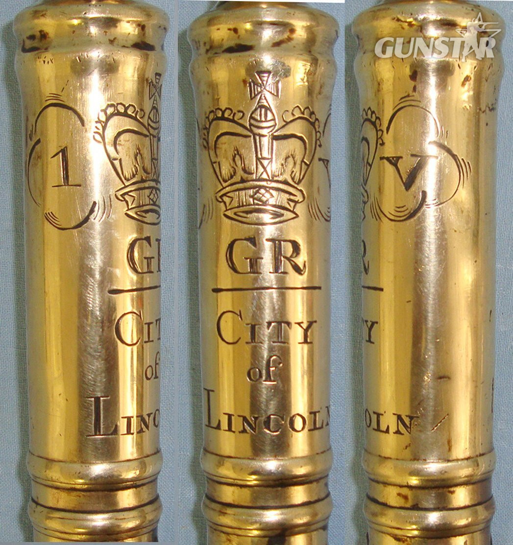 RARE**1820-1830 King George IV Brass Mounted Wood Police Constabulary / Magistrates Baluster Tip Staff Engraved To The City Of Lincoln. Sn 22583:3  Antique & Militaria