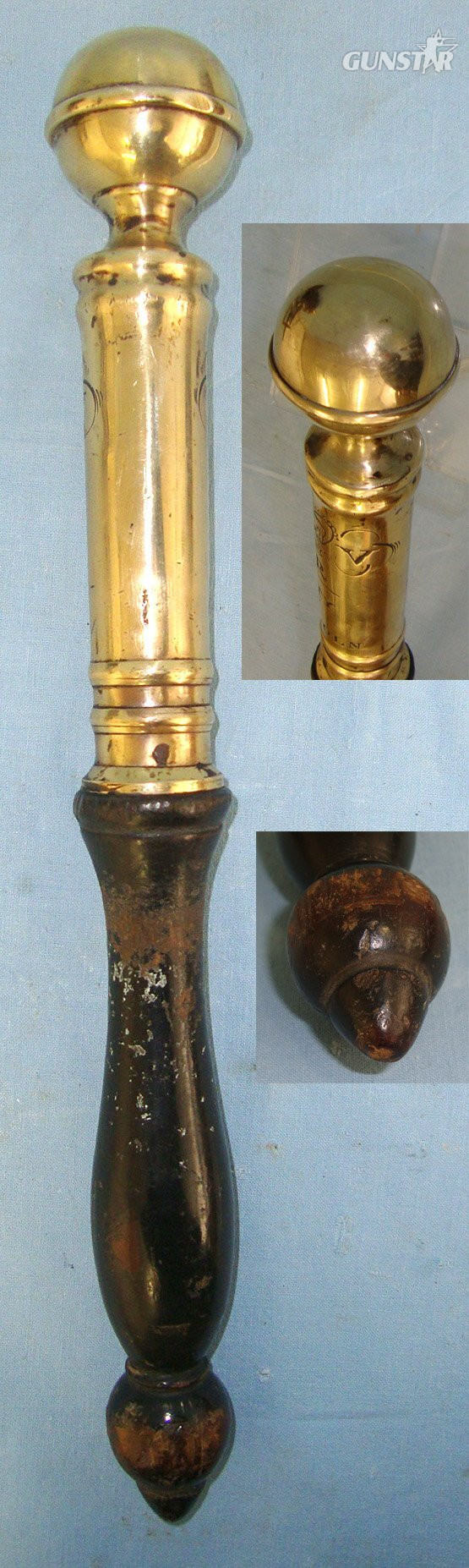  RARE**1820-1830 King George IV Brass Mounted Wood Police Constabulary / Magistrates Baluster Tip Staff Engraved To The City Of Lincoln. Sn 22583:3  Antique & Militaria