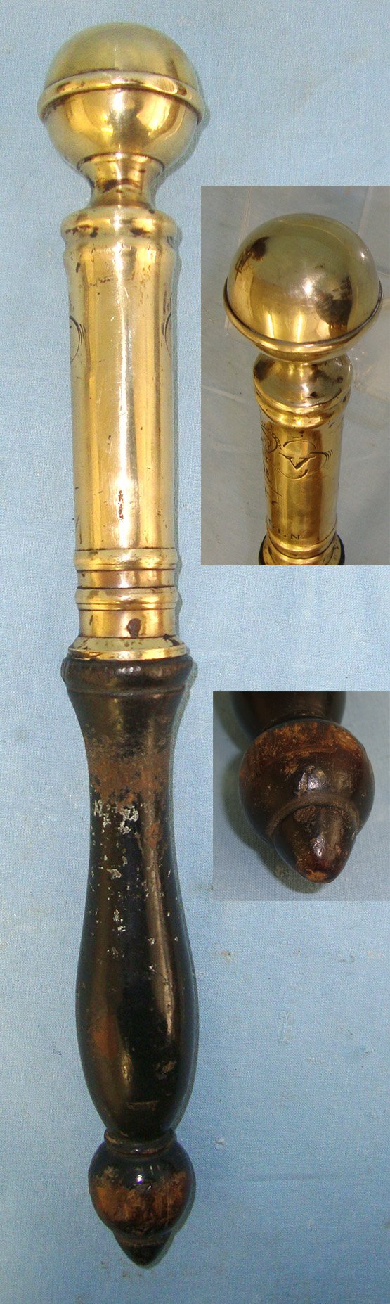  RARE**1820-1830 King George IV Brass Mounted Wood Police Constabulary / Magistrates Baluster Tip Staff Engraved To The City Of Lincoln. Sn 22583:3  Antique & Militaria