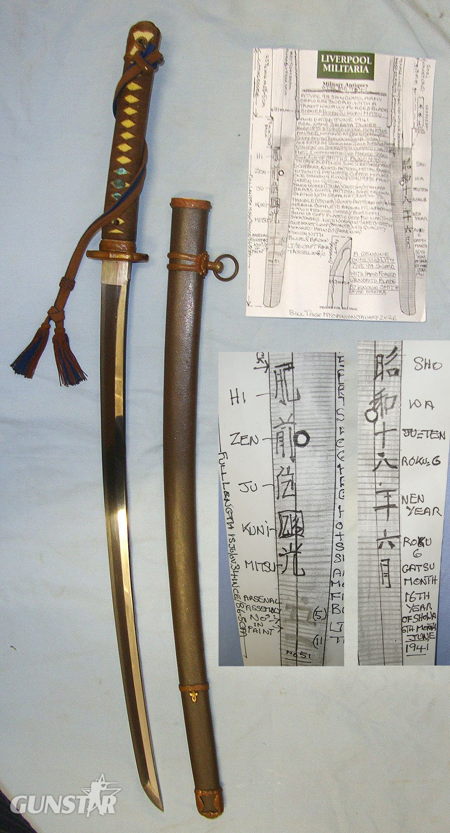 SUPERIOR MASTER SMITH**GENDAITO HAND FORGED BLADE**WW2 1941 Dated Japanese Army Officer’s Type 98 Shin Gunto Sword Signed ‘Hizen Ju Kuni Mitsu’, Rank Tassel, Scabbard & Expert Assessment. ED 3038 Sword in 