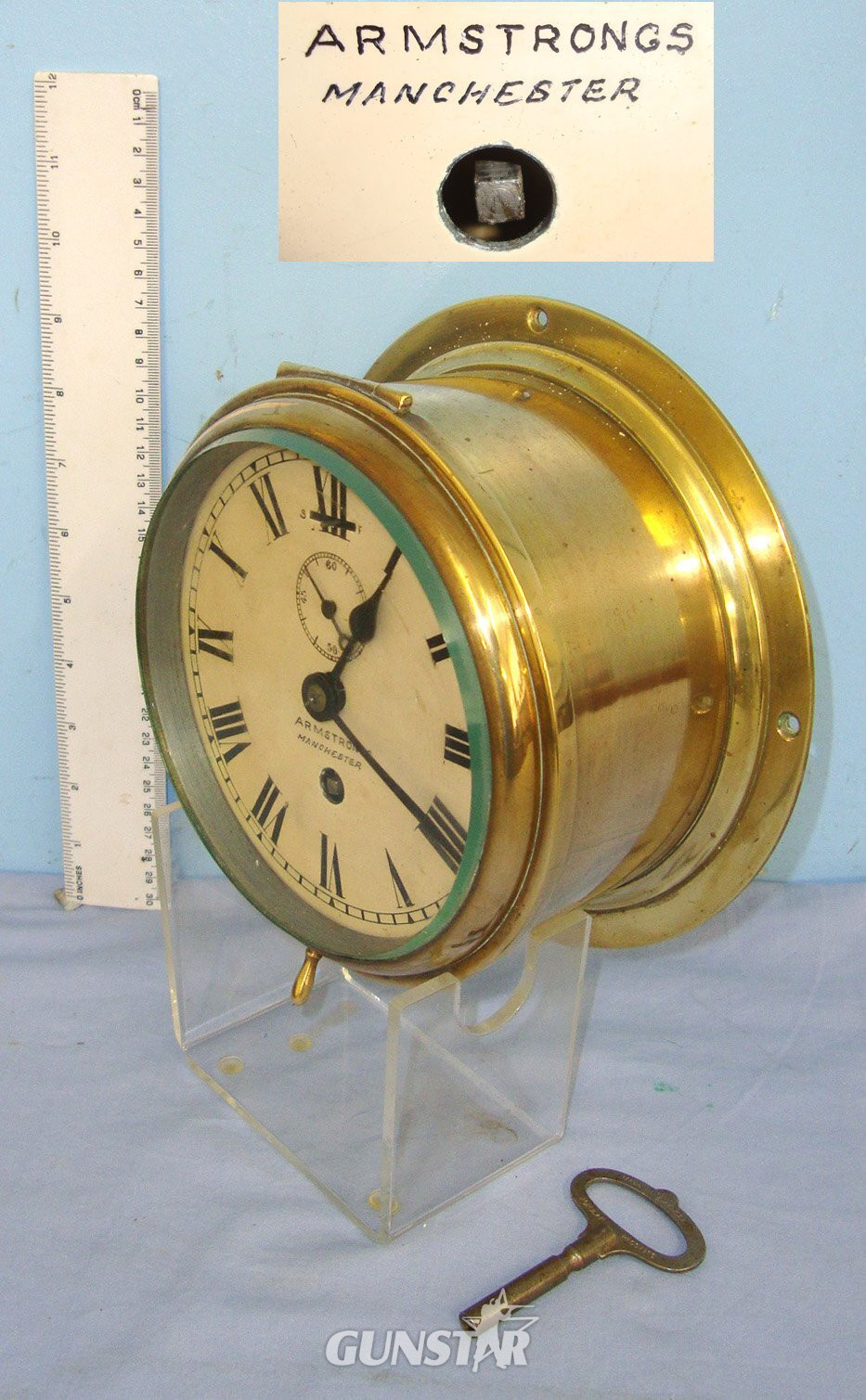 RECENTLY SERVICED**FULL WORKING ORDER**C1900 Armstrongs Of Manchester Brass Cased Naval Bulkhead Ship’s Clock Complete With Key. Sn 22762  Antique & Militaria in 