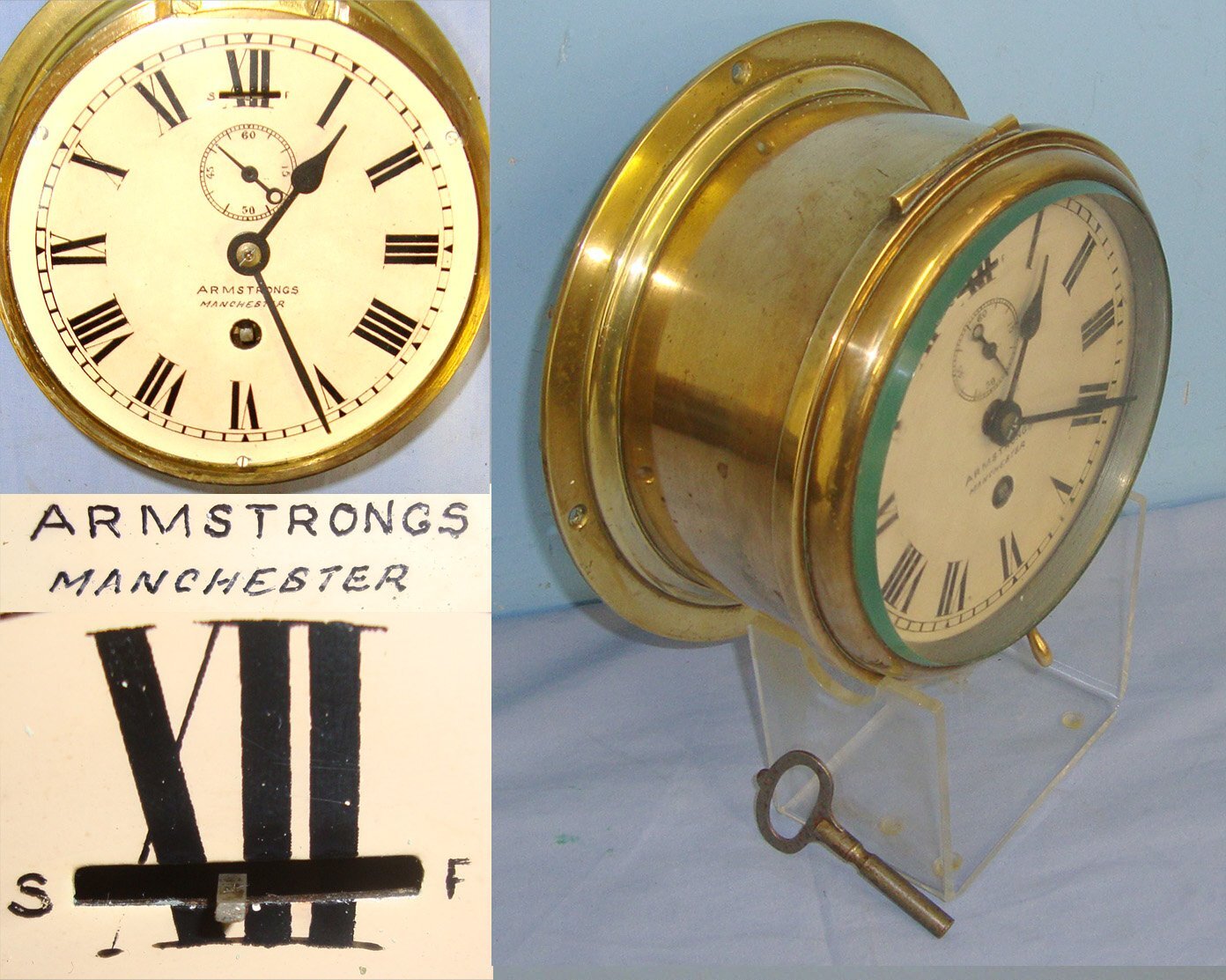 RECENTLY SERVICED**FULL WORKING ORDER**C1900 Armstrongs Of Manchester Brass Cased Naval Bulkhead Ship’s Clock Complete With Key. Sn 22762  Antique & Militaria