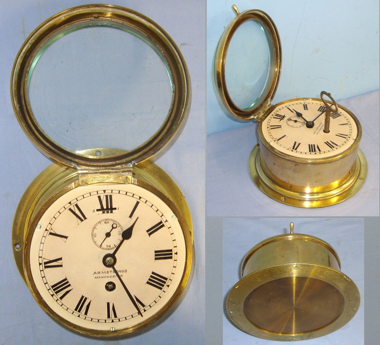  RECENTLY SERVICED**FULL WORKING ORDER**C1900 Armstrongs Of Manchester Brass Cased Naval Bulkhead Ship’s Clock Complete With Key. Sn 22762  Antique & Militaria