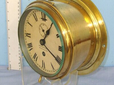 RECENTLY SERVICED**FULL WORKING ORDER**C1900 Armstrongs Of Manchester Brass Cased Naval Bulkhead Ship’s Clock Complete With Key. Sn 22762  Antique & Militaria