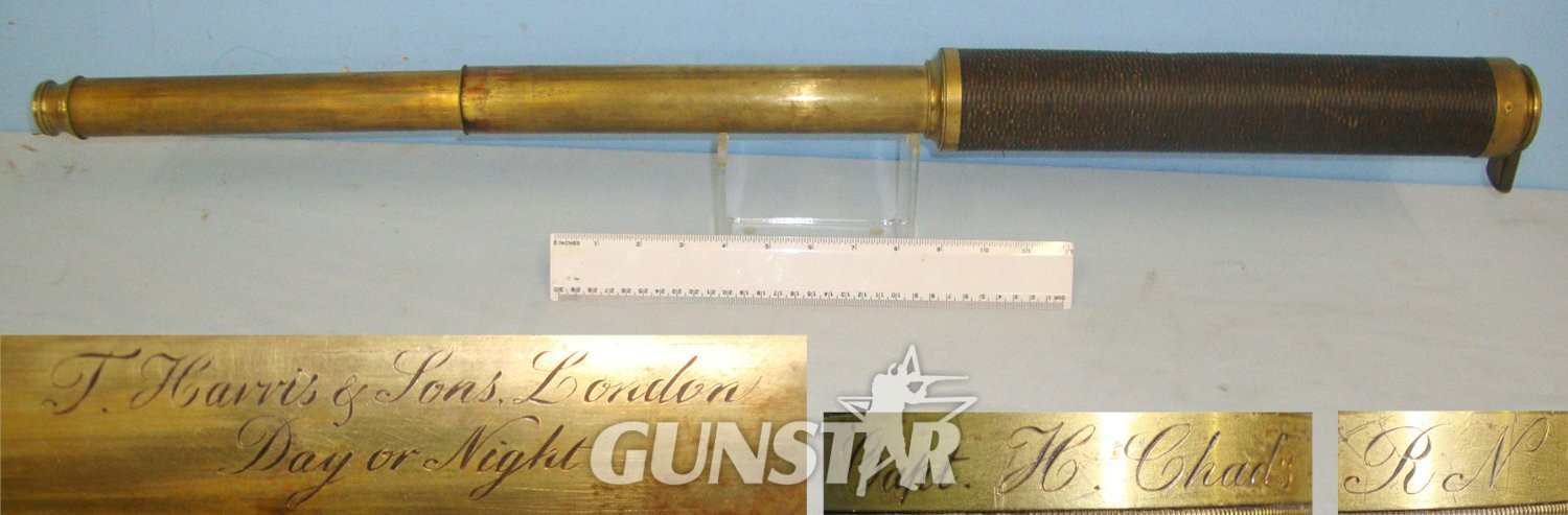 QUALITY**NAMED VICTORIAN 1848-1884 PROMINENT BRITISH ROYAL NAVY CAPTAIN’S 2 DRAW DAY OR NIGHT BRASS TELESCOPE**By Thomas Harris & Sons London Engraved To Capt H. Chads R.N’ With Sliding Eye Piece & Lens Shutters. Sn 22896  Sight & Optic in 