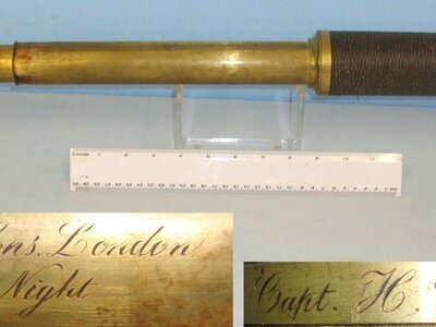 QUALITY**NAMED VICTORIAN 1848-1884 PROMINENT BRITISH ROYAL NAVY CAPTAIN’S 2 DRAW DAY OR NIGHT BRASS TELESCOPE**By Thomas Harris & Sons London Engraved To Capt H. Chads R.N’ With Sliding Eye Piece & Lens Shutters. Sn 22896  Sight & Optic