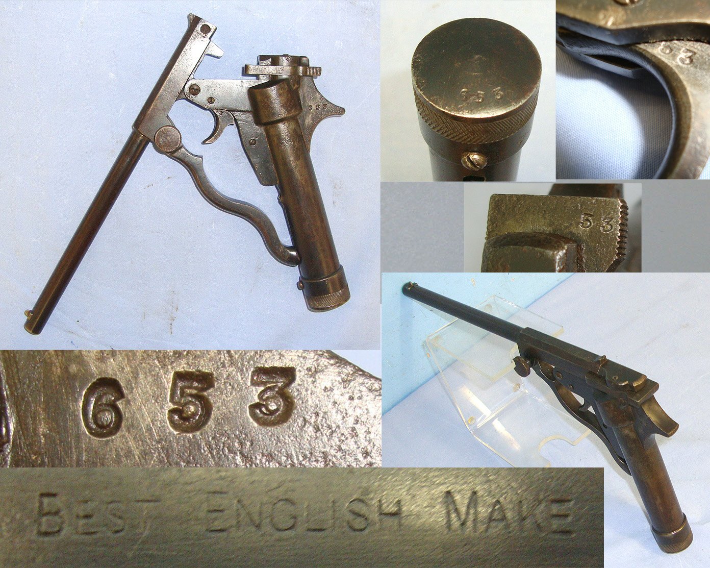 VERY RARE**ONE OF ONLY 1500**MATCHING NUMBERS**British 1921-1930 Lincoln Jeffries 'The Lincoln' .177 Calibre Concentric Break Action ‘Grease Gun’ Air Pistol. AI 915  air pistol .177