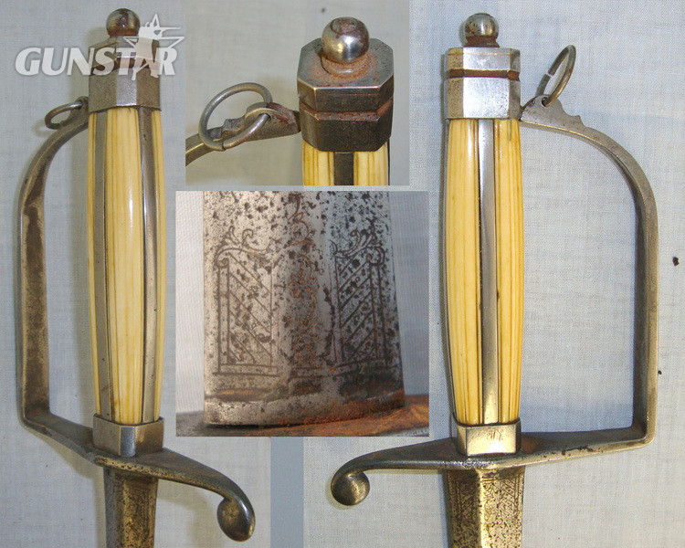 British 1786 Pattern Spadroon Infantry Officer’s Sword With Etched Blade & Antique Ivory Hilt. Sword
