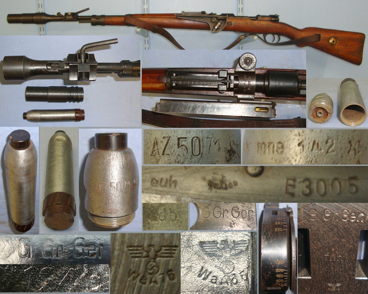 EXTREMELY RARE & COMPLETE**Original Cased WW2 1943 Nazi German ‘G Gr Ger K98k’ Gewehrgranatgerät (Rifle Grenade Equipment) Grenade Launcher For Mauser K98k Infantry Rifles With One Inert Deactivated 1942 3cm HE Gewehr Sprenggranate Rifle Grenade. N 1  Other Accessory