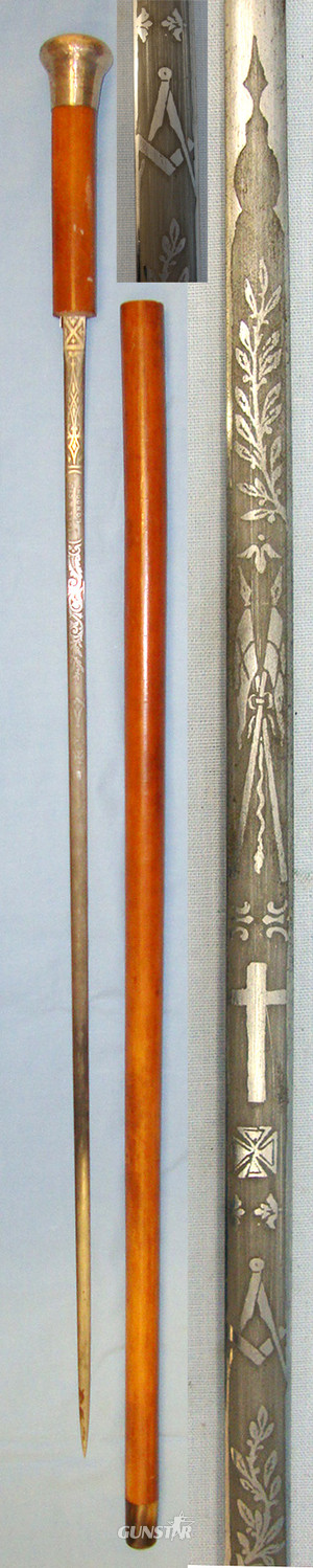 Early 20th Century English Gentleman’s Mallaca Sword Stick By Toye & Co Ltd London With Blued & Etched Masonic & Religious Device Panels. ED 2187 Sword in 