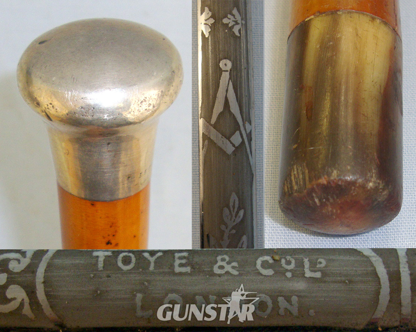 Early 20th Century English Gentleman’s Mallaca Sword Stick By Toye & Co Ltd London With Blued & Etched Masonic & Religious Device Panels. ED 2187 Sword