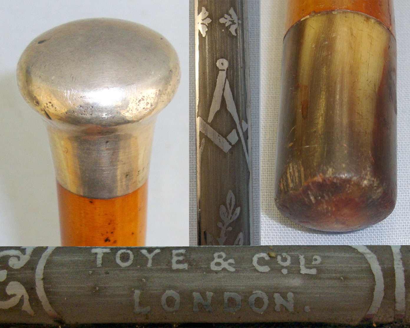 Early 20th Century English Gentleman’s Mallaca Sword Stick By Toye & Co Ltd London With Blued & Etched Masonic & Religious Device Panels. ED 2187 Sword