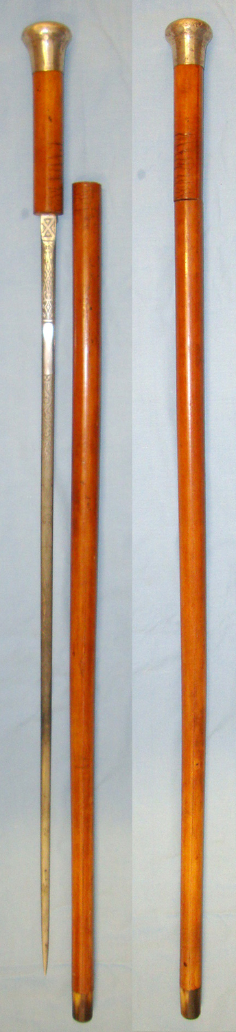  Early 20th Century English Gentleman’s Mallaca Sword Stick By Toye & Co Ltd London With Blued & Etched Masonic & Religious Device Panels. ED 2187 Sword