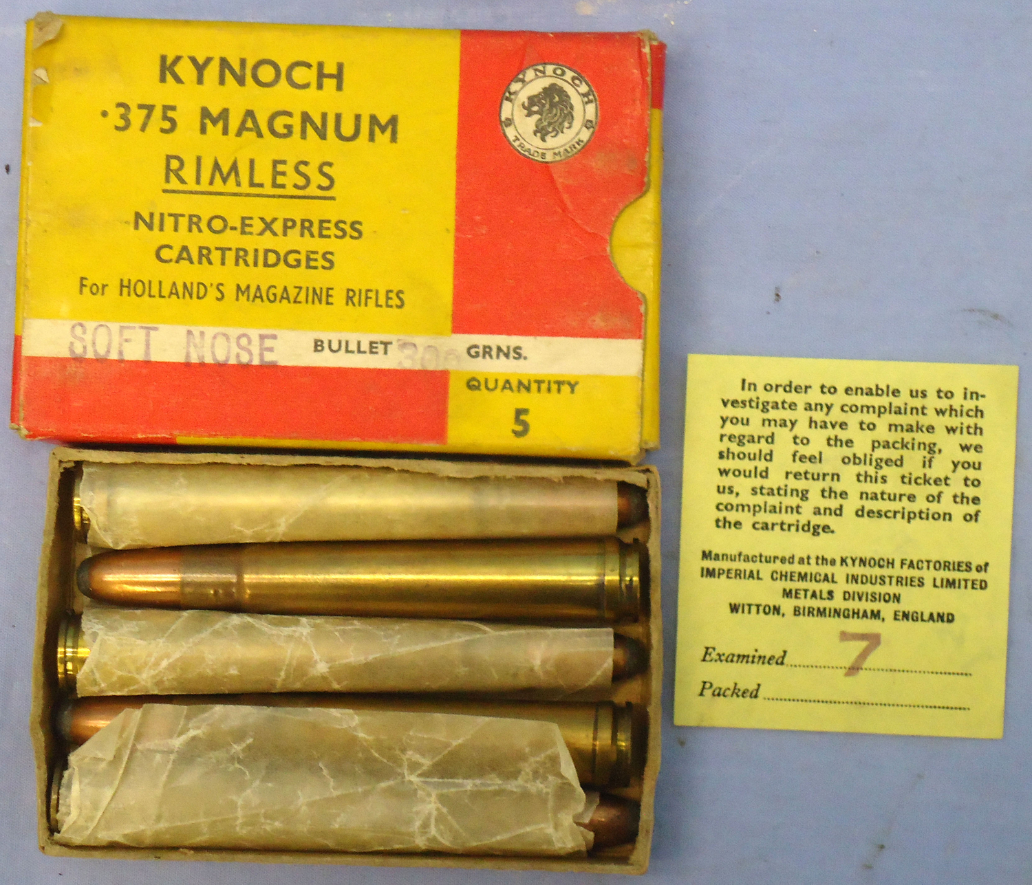 Kynoch INERT DEACTIVATED. British Original 5 Round Carton Of Kynoch .375 Magnum Rimless Nitro-Express Cartridges (for HOLLAND’S MAGAZINES RIFLES). - 20942:6  Other Ammunition - {CATEGORY}