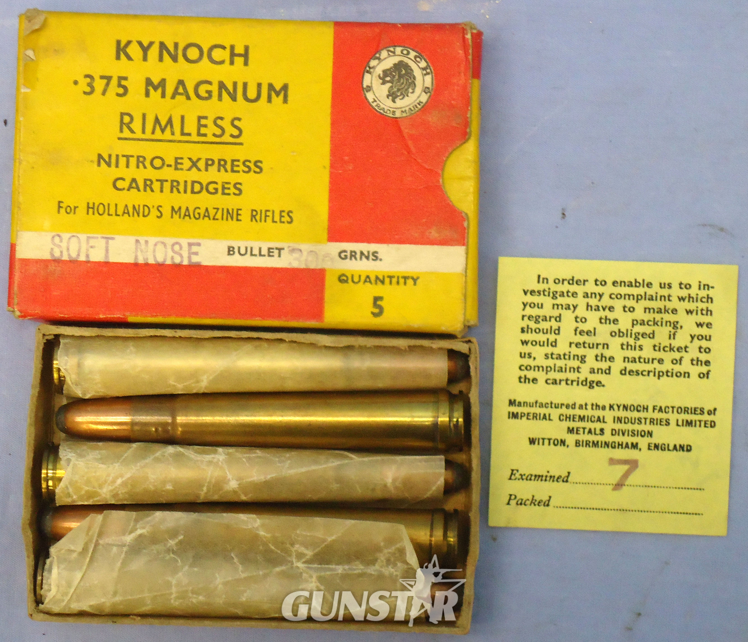 Kynoch INERT DEACTIVATED. British Original 5 Round Carton Of Kynoch .375 Magnum Rimless Nitro-Express Cartridges (for HOLLAND’S MAGAZINES RIFLES). - 20942:6  Other Ammunition - {CATEGORY}