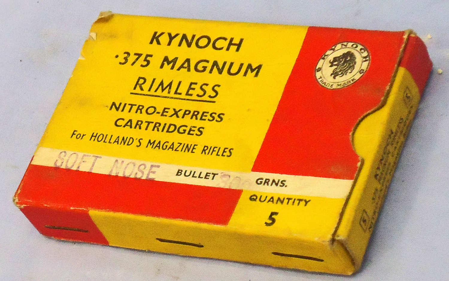 Kynoch INERT DEACTIVATED. British Original 5 Round Carton Of Kynoch .375 Magnum Rimless Nitro-Express Cartridges (for HOLLAND’S MAGAZINES RIFLES). - 20942:6  Other Ammunition - {CATEGORY} in 