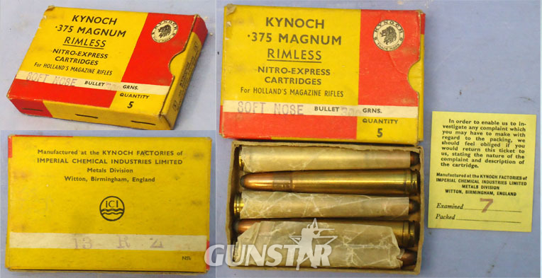 Kynoch INERT DEACTIVATED. British Original 5 Round Carton Of Kynoch .375 Magnum Rimless Nitro-Express Cartridges (for HOLLAND’S MAGAZINES RIFLES). - 20942:6  Other Ammunition in 