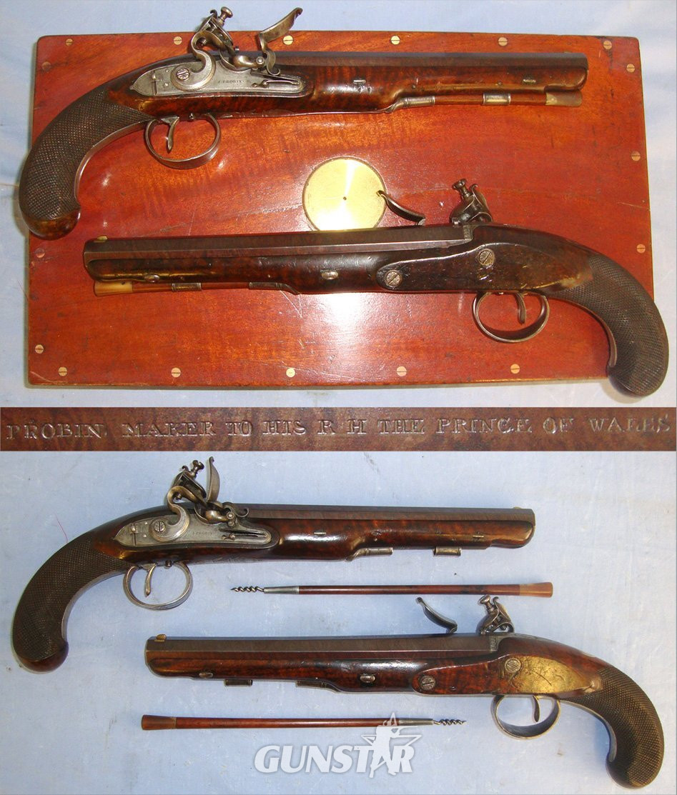 SUPERB**MINT BORES**Cased C1820’s Matching Pair Of English John Probin London Maker To The Prince Of Wales 22 Bore Gentleman’s Flintlock Dueling / Target Pistols, With Octagonal Damascus Steel Barrels. Sn 22059:7 20 Bore/gauge Muzzleloader in 