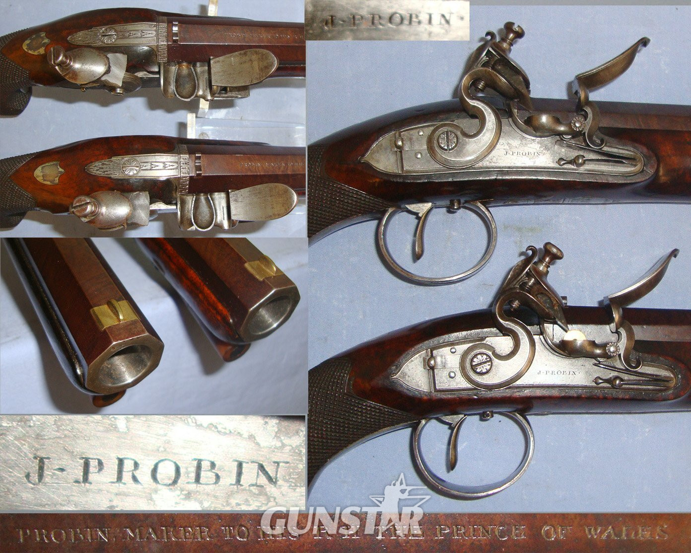 SUPERB**MINT BORES**Cased C1820’s Matching Pair Of English John Probin London Maker To The Prince Of Wales 22 Bore Gentleman’s Flintlock Dueling / Target Pistols, With Octagonal Damascus Steel Barrels. Sn 22059:7 20 Bore/gauge Muzzleloader