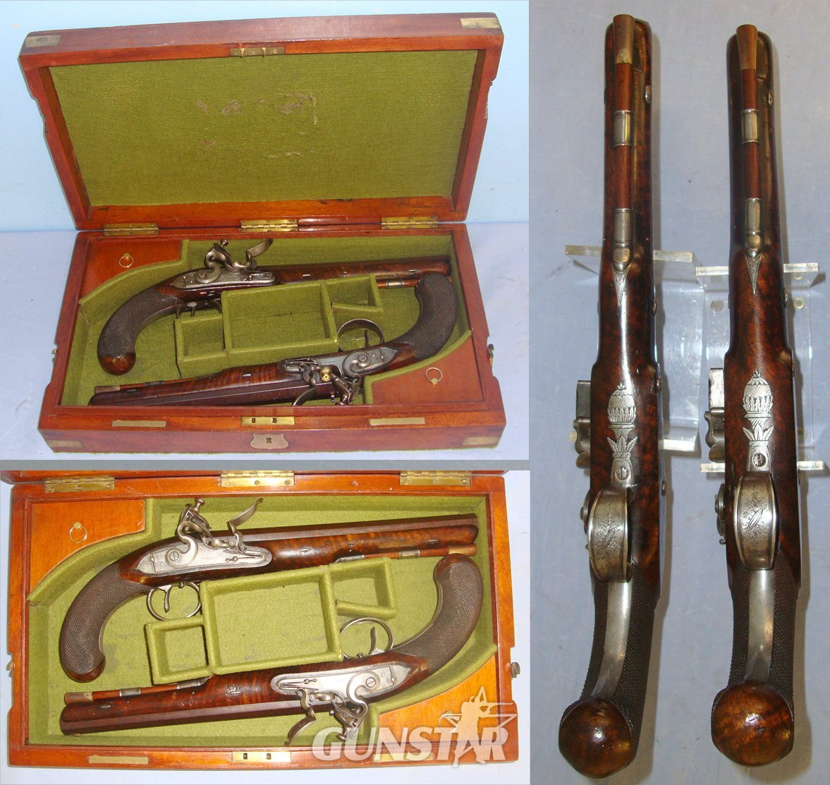  SUPERB**MINT BORES**Cased C1820’s Matching Pair Of English John Probin London Maker To The Prince Of Wales 22 Bore Gentleman’s Flintlock Dueling / Target Pistols, With Octagonal Damascus Steel Barrels. Sn 22059:7 20 Bore/gauge Muzzleloader