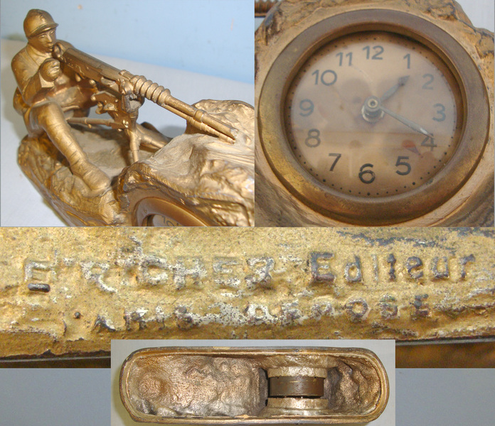 WW1 French E.Richer Editeur Paris Depose Trench Art Mantelpiece or Desk Clock Featuring A Model 1914 Hotchkiss Machine Gun Emplacement This is an attractive original pot metal trench art clock. The fully working clock with brass rimmed 2” glazed face is in working order and has its original winder. The clock is bolted into a well formed gilt finished pot metal trench combat scene depic Other Accessory