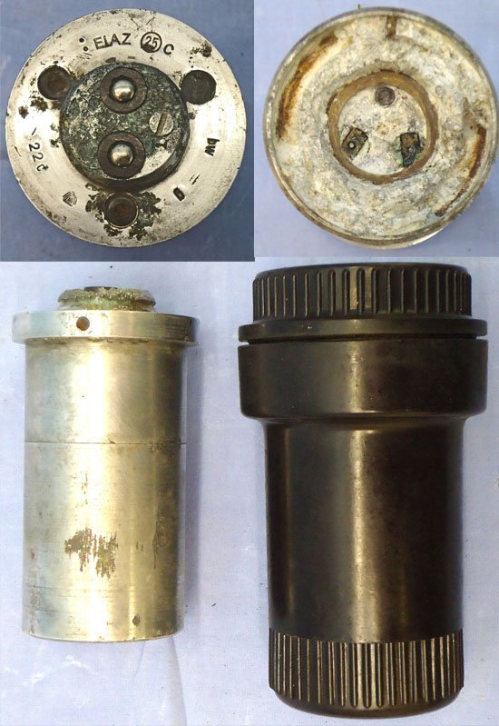 INERT DEACTIVATED, WW2, 1940 Dated German No25C ElAZ 25C Electrical Impact Bomb Fuze And Bakelite Transit Container. - O 2144 INERT DEACTIVATED, WW2, 1940 Dated German No25C ElAZ 25C Electrical Impact Bomb Fuze And Bakelite Transit Container. - O 2144  Other Ammunition