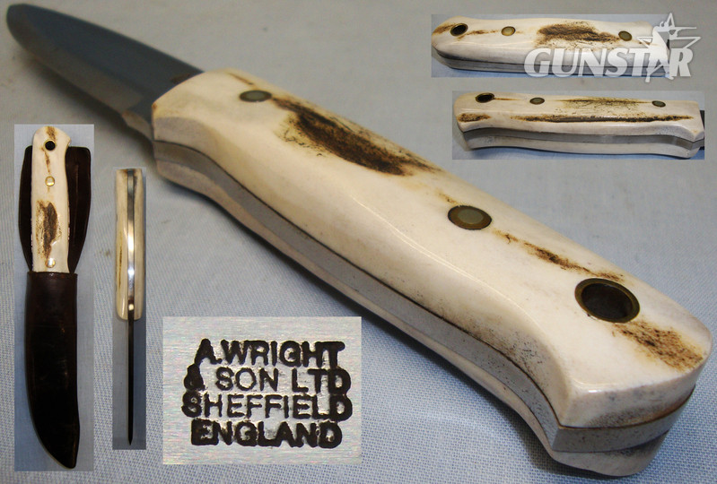 Arthur Wright & Son, Sheffield Hand Made Skinning Knife With Polished Bone Grips & Sheath. 19300 Hunting Knive