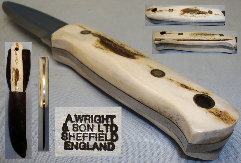 Arthur Wright & Son, Sheffield Hand Made Skinning Knife With Polished Bone Grips & Sheath. 19300 Hunting Knive