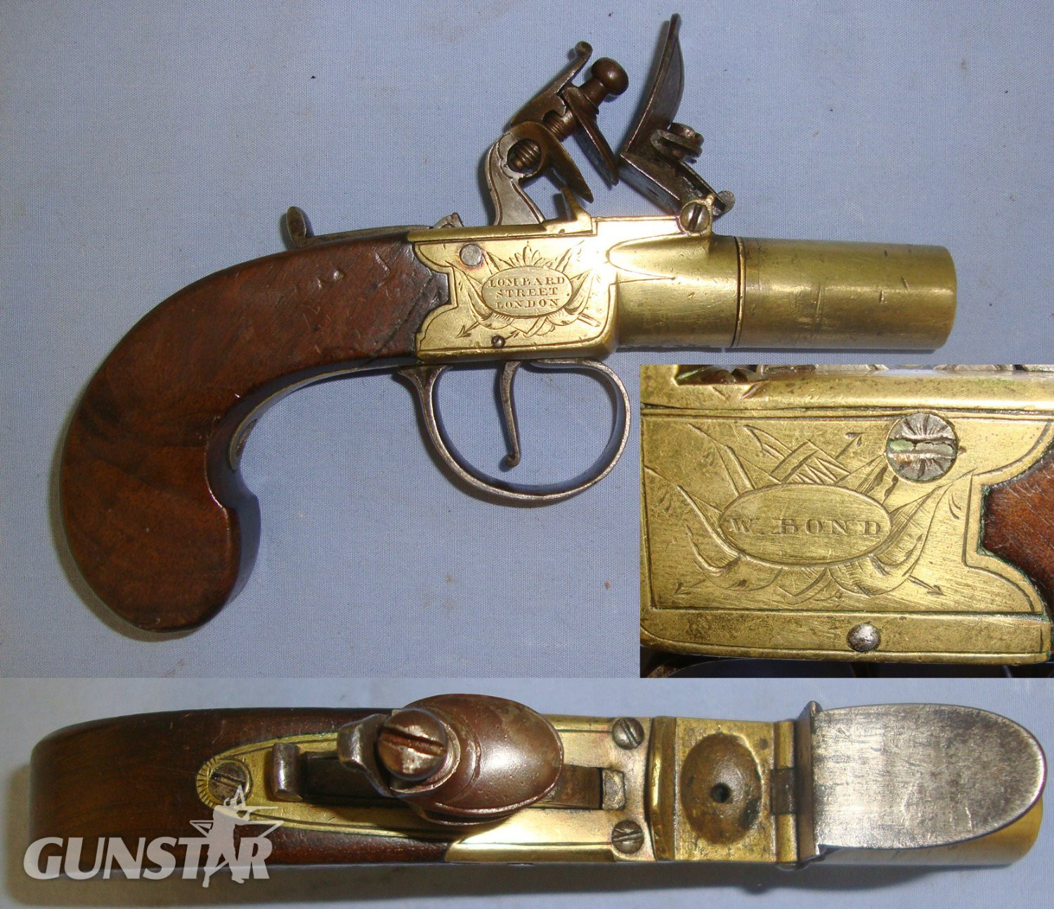 Early 19th Century English W. Bond London 50 Bore Brass Flintlock Pocket Pistol With Screw Off Barrel. Sn 21393:37 .54 Cal Muzzleloader Muzzleloader