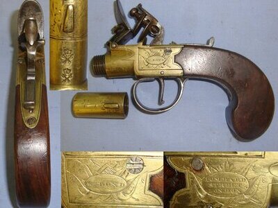 Early 19th Century English W. Bond London 50 Bore Brass Flintlock Pocket Pistol With Screw Off Barrel. Sn 21393:37 .54 Cal Muzzleloader Muzzleloader