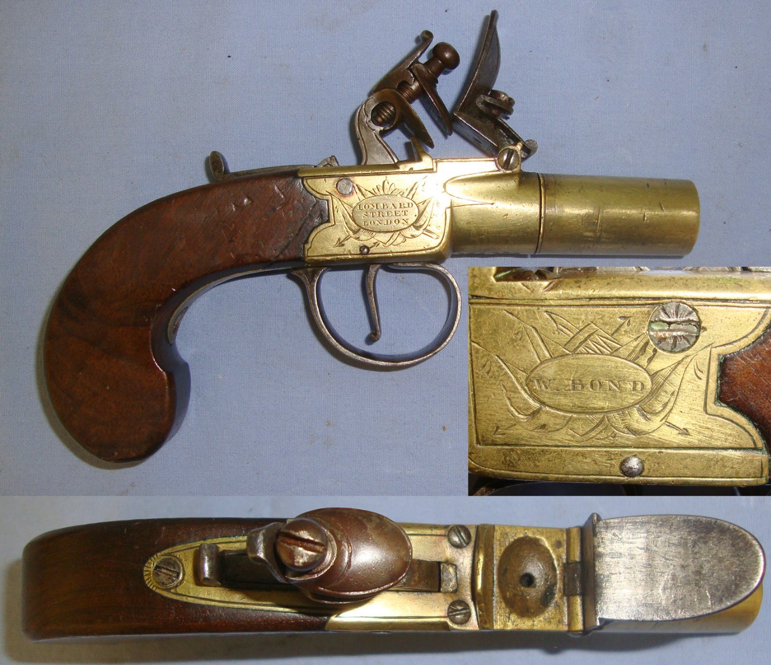 Early 19th Century English W. Bond London 50 Bore Brass Flintlock Pocket Pistol With Screw Off Barrel. Sn 21393:37 .54 Cal Muzzleloader Muzzleloader