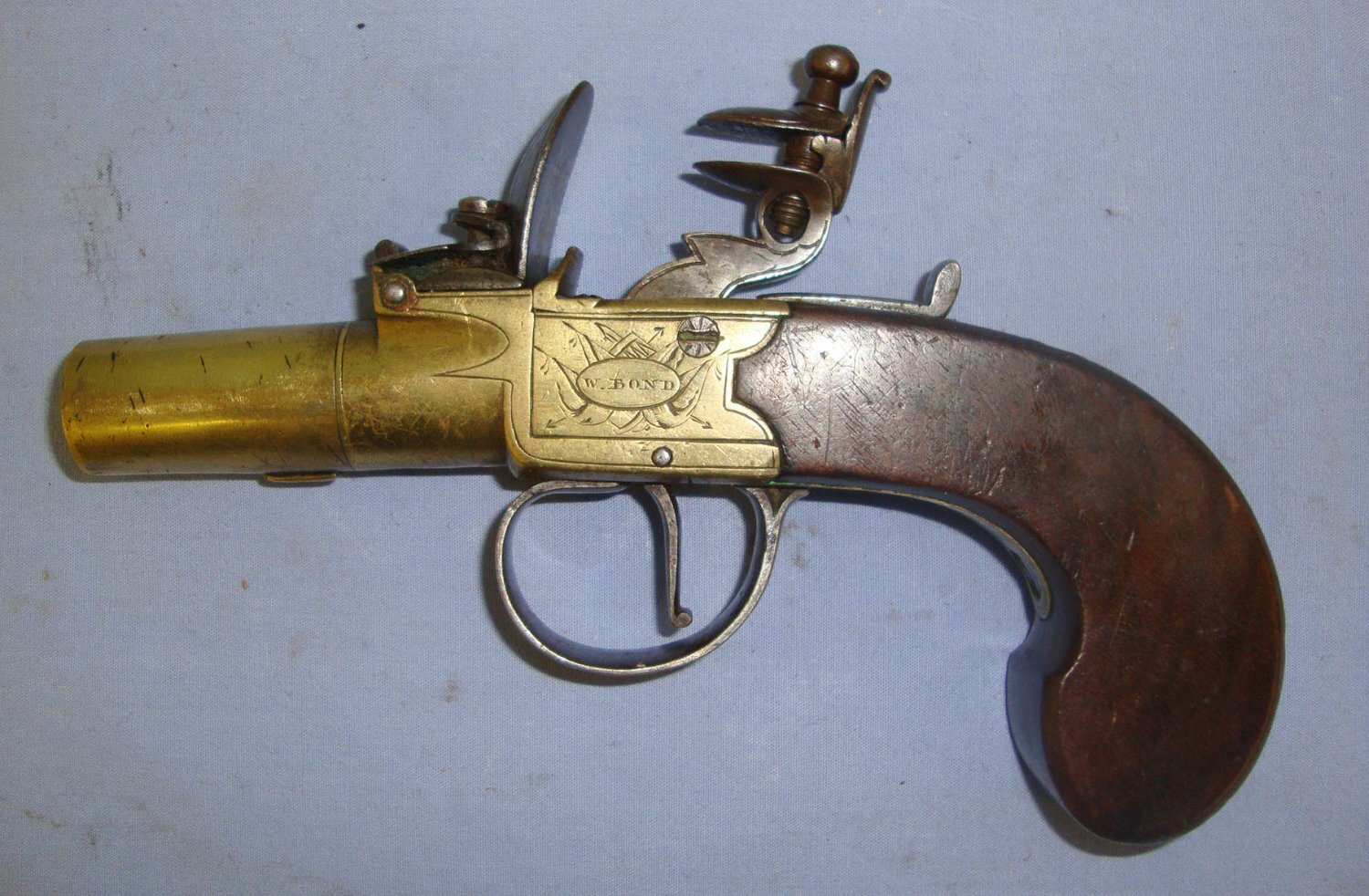  Early 19th Century English W. Bond London 50 Bore Brass Flintlock Pocket Pistol With Screw Off Barrel. Sn 21393:37 .54 Cal Muzzleloader Muzzleloader