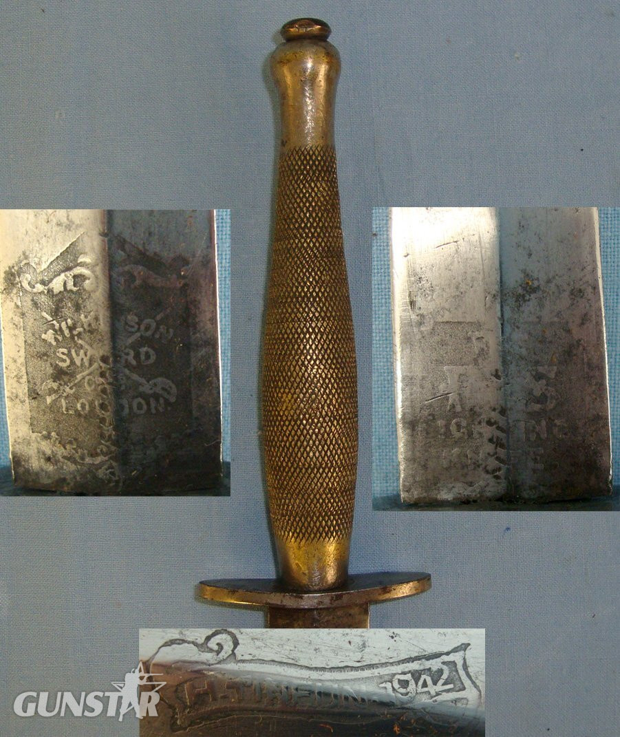 RARE**WW2 American Or Canadian Soldier’s Private Purchase 2nd Pattern Fairbairn Sykes FS Fighting Knife By Wilkinson Sword With Double Etched Panels & Banner To ‘H.Tinfun 1942’ & Scabbard. Sn 21558 Dagger in 