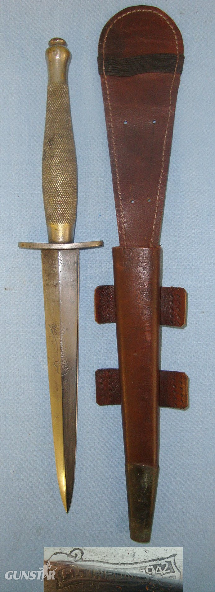 RARE**WW2 American Or Canadian Soldier’s Private Purchase 2nd Pattern Fairbairn Sykes FS Fighting Knife By Wilkinson Sword With Double Etched Panels & Banner To ‘H.Tinfun 1942’ & Scabbard. Sn 21558 Dagger