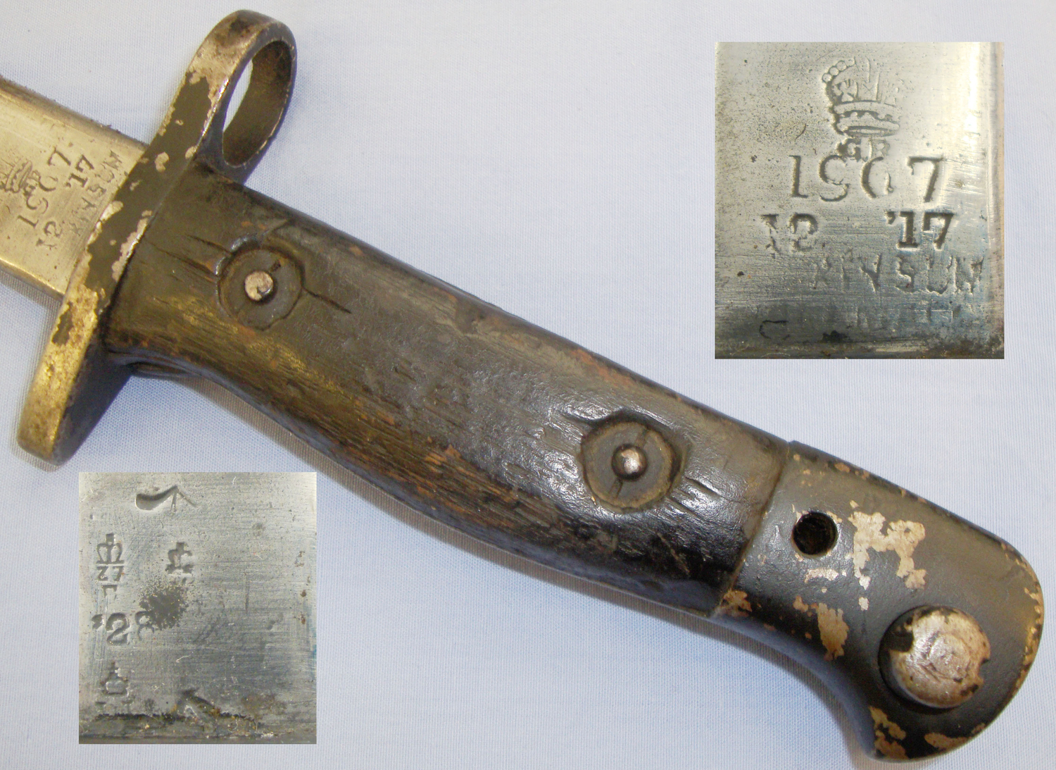 WWI Dated British Trench Knife Converted from a P1907 Bayonet and Leather Scabbard. ED 2199. Other Blade