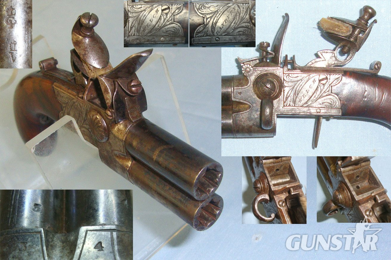 QUALITY*C1830 English Jabez Bloxham Welch Banbury (Oxfordshire) Over & Under, Double Barrel, Tap Action, 80 Bore, Flintlock Traveling Pocket Pistol With Concealed Folding Trigger & Screw Off Barrels. Sn 22346 None Muzzleloader in 