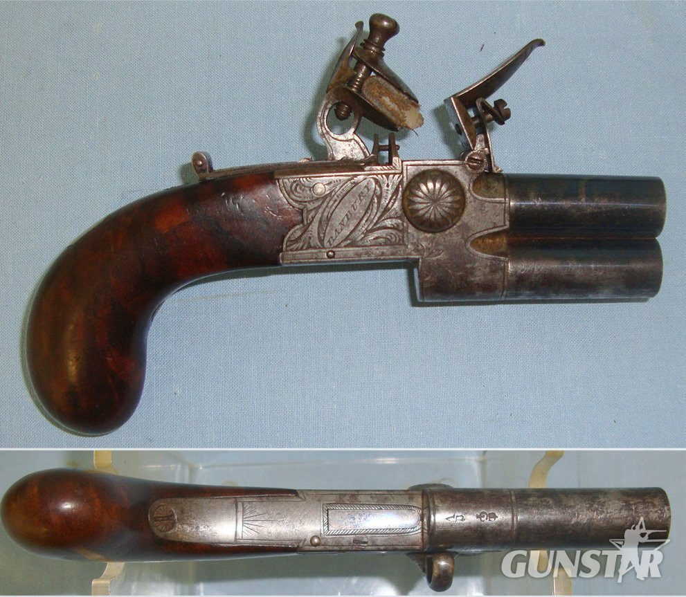  QUALITY*C1830 English Jabez Bloxham Welch Banbury (Oxfordshire) Over & Under, Double Barrel, Tap Action, 80 Bore, Flintlock Traveling Pocket Pistol With Concealed Folding Trigger & Screw Off Barrels. Sn 22346 None Muzzleloader