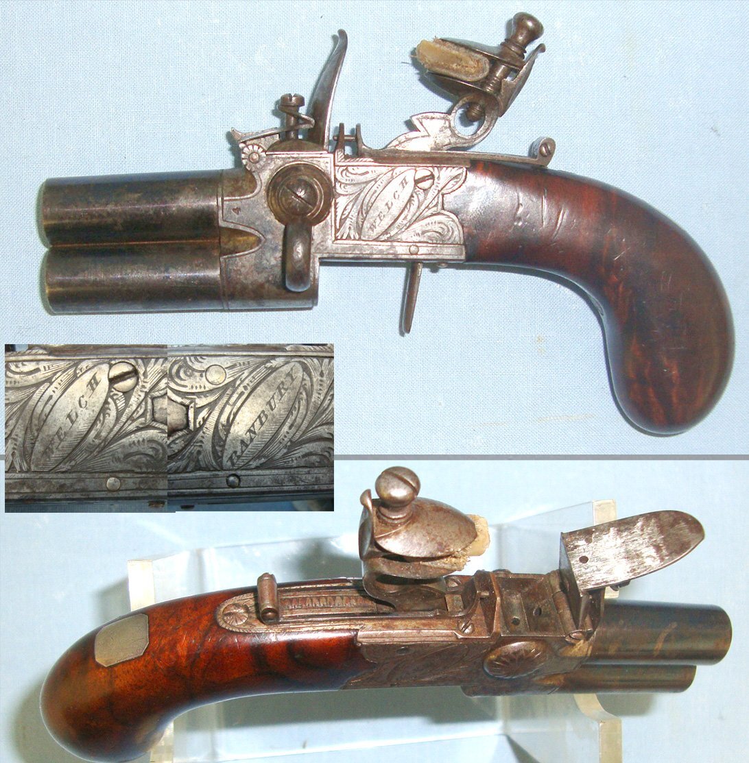 QUALITY*C1830 English Jabez Bloxham Welch Banbury (Oxfordshire) Over & Under, Double Barrel, Tap Action, 80 Bore, Flintlock Traveling Pocket Pistol With Concealed Folding Trigger & Screw Off Barrels. Sn 22346 None Muzzleloader