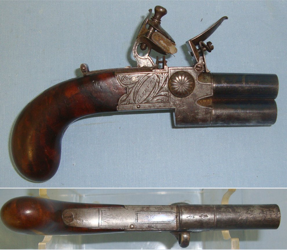  QUALITY*C1830 English Jabez Bloxham Welch Banbury (Oxfordshire) Over & Under, Double Barrel, Tap Action, 80 Bore, Flintlock Traveling Pocket Pistol With Concealed Folding Trigger & Screw Off Barrels. Sn 22346 None Muzzleloader
