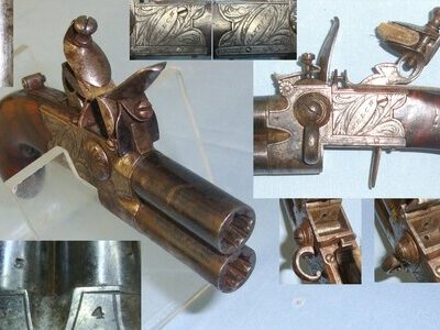 QUALITY*C1830 English Jabez Bloxham Welch Banbury (Oxfordshire) Over & Under, Double Barrel, Tap Action, 80 Bore, Flintlock Traveling Pocket Pistol With Concealed Folding Trigger & Screw Off Barrels. Sn 22346 None Muzzleloader