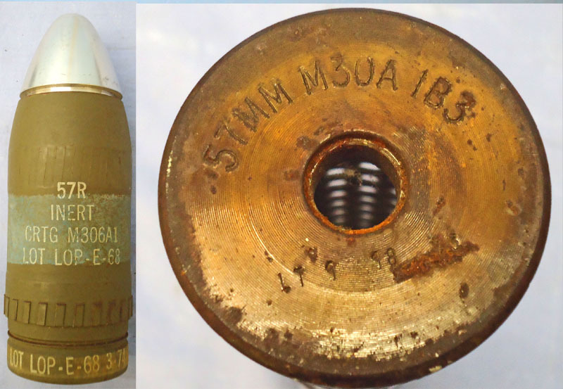 DEACTIVATED INERT. Unfired American 57mm M18 Recoilless Rifle HE (High Explosive) Inert Drill Round. - O 1845 DEACTIVATED INERT. Unfired American 57mm M18 Recoilless Rifle HE (High Explosive) Inert Drill Round. - O 1845  Other Ammunition