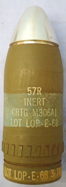 {CATEGORY} - DEACTIVATED INERT. Unfired American 57mm M18 Recoilless Rifle HE (High Explosive) Inert Drill Round. - O 1845 DEACTIVATED INERT. Unfired American 57mm M18 Recoilless Rifle HE (High Explosive) Inert Drill Round. - O 1845  Other Ammunition in 