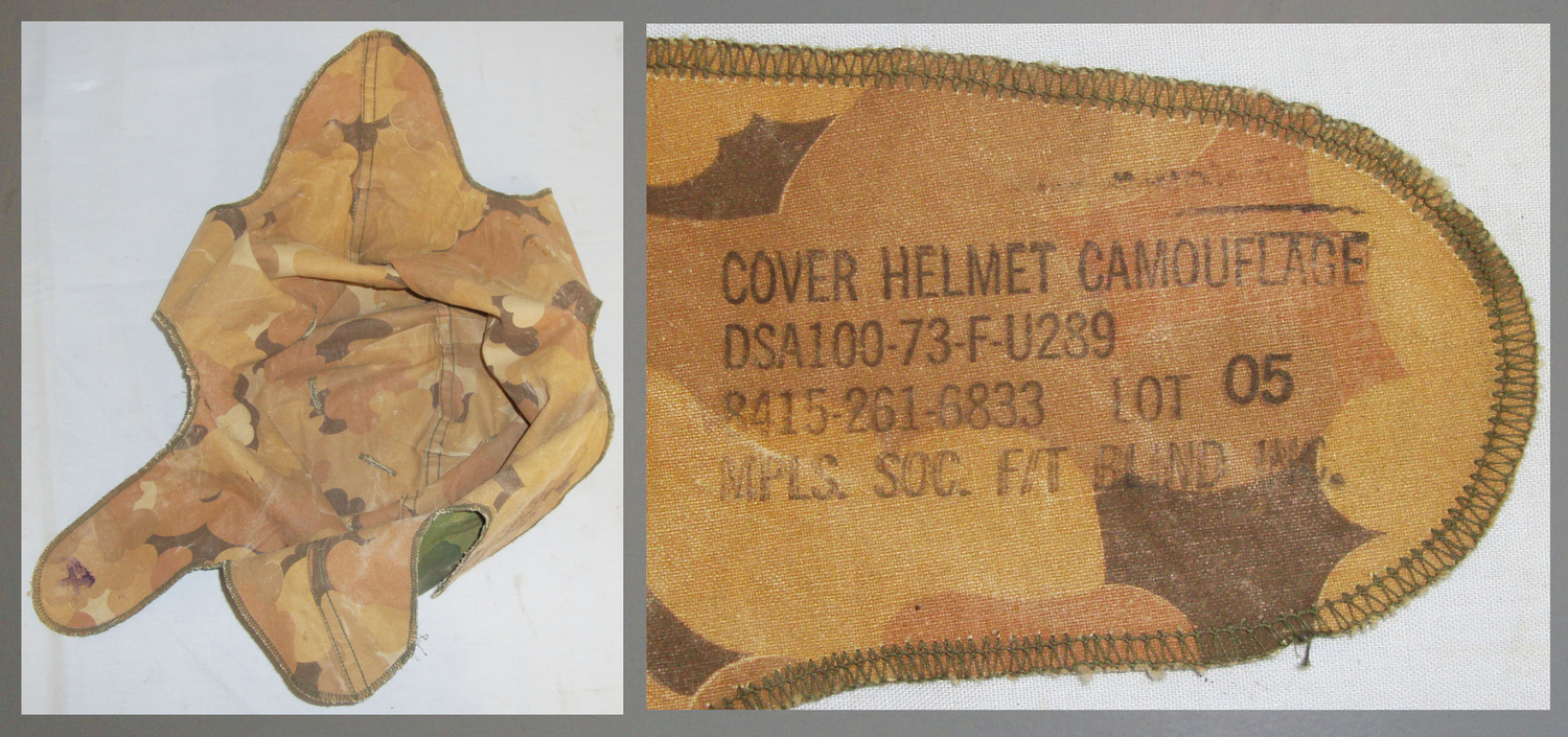  Original 1973 Dated Mitchell Pattern Reversible Vietnam M1 Helmet Camouflage Cover. HE 342. Original 1973 Dated Mitchell Pattern Reversible Vietnam M1 Helmet Camouflage Cover. HE 342. Other Accessory