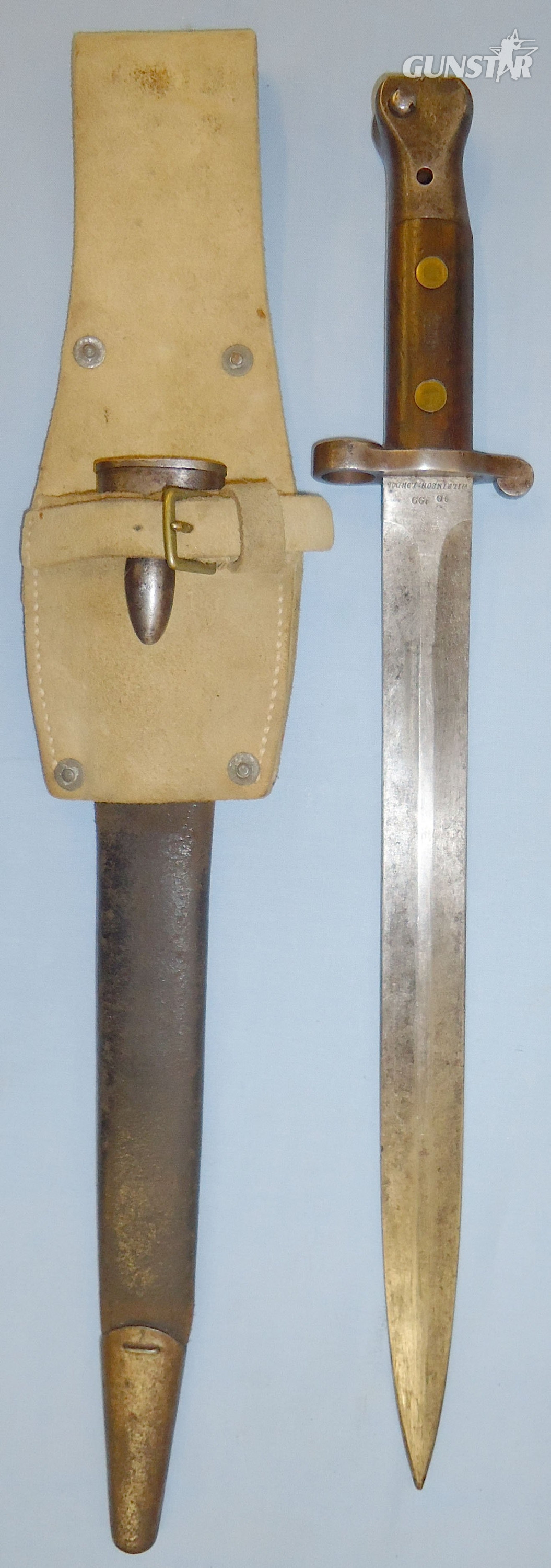 British 1888 Mark II Lee Metford Bayonet by Wilkinson and MK I Scabbard and Buff Leather Frog. 21916. Bayonet in 