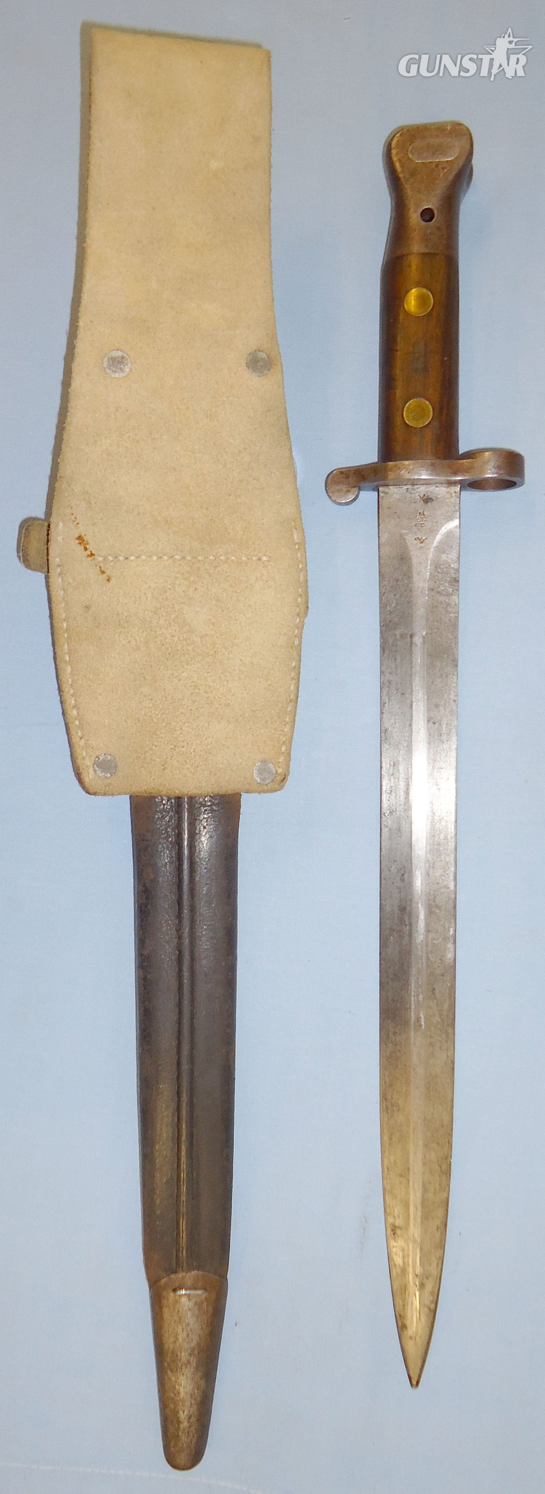  British 1888 Mark II Lee Metford Bayonet by Wilkinson and MK I Scabbard and Buff Leather Frog. 21916. Bayonet
