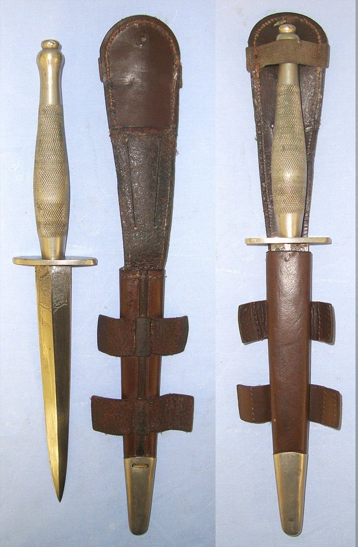 RARE**WW2 Era British Wilkinson Sword London 2nd Pattern Nickel Plated Officer’s Fairbairn Sykes FS Commando Fighting Knife With Double Etched Blade & Scabbard. Sn 23484:49 Knive