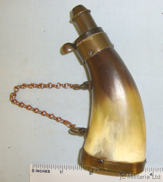 Victorian French Pistol Size Polished Flattened Cow Horn Black Powder Flask With Graduated Brass Charger & Hanging Rings Fitted With Copper Chain Magazine in 