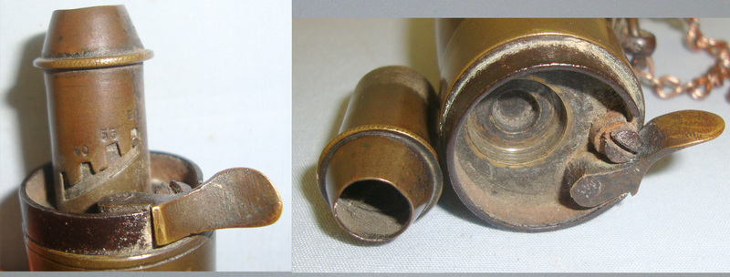 Victorian French Pistol Size Polished Flattened Cow Horn Black Powder Flask With Graduated Brass Charger & Hanging Rings Fitted With Copper Chain Magazine