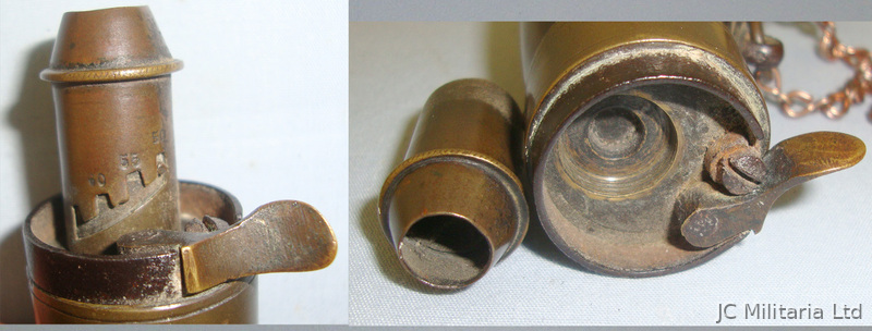 Victorian French Pistol Size Polished Flattened Cow Horn Black Powder Flask With Graduated Brass Charger & Hanging Rings Fitted With Copper Chain Magazine